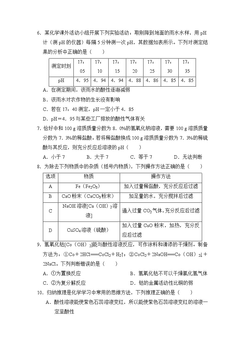 9年级化学人教版下册《第十单元 酸和碱》单元测试01第2页