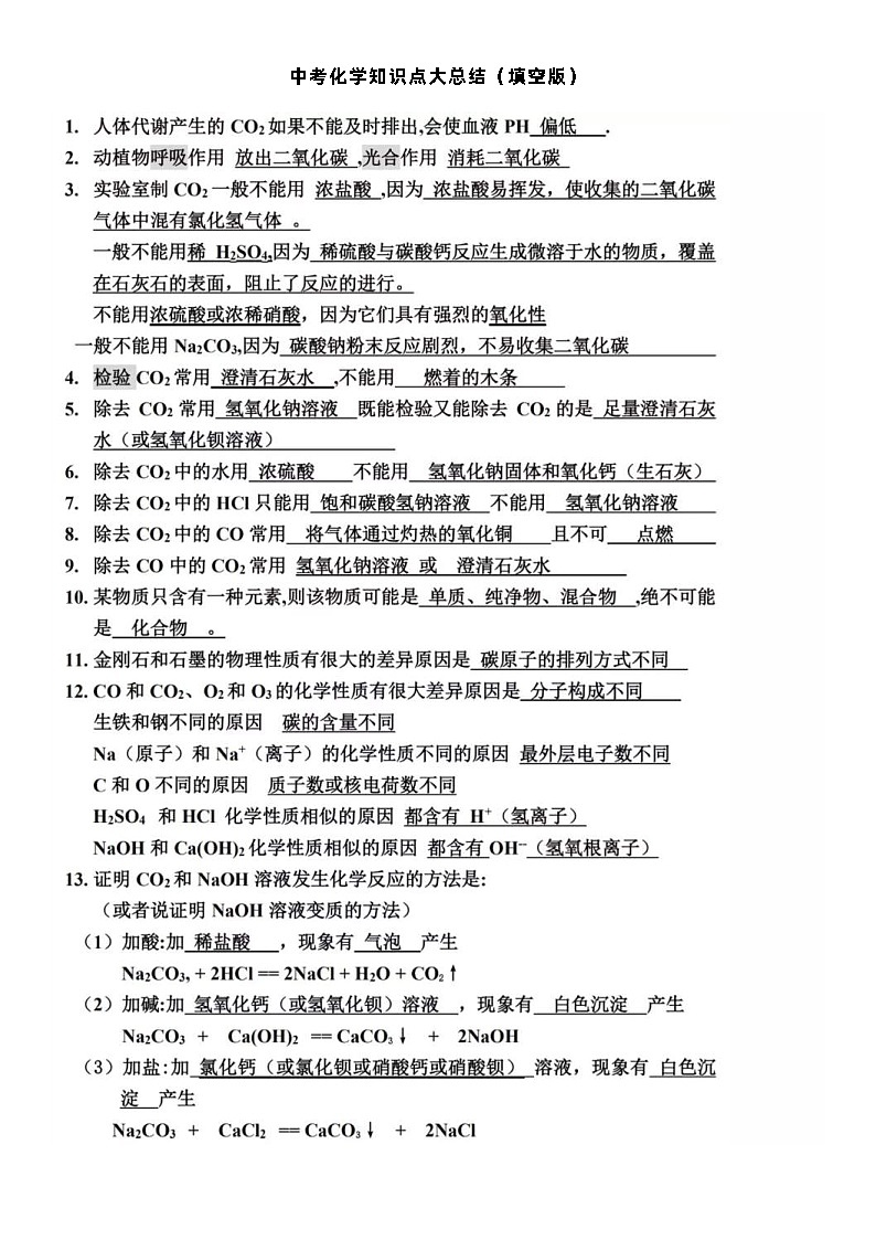 中考化学知识点大总结（填空版）第1页