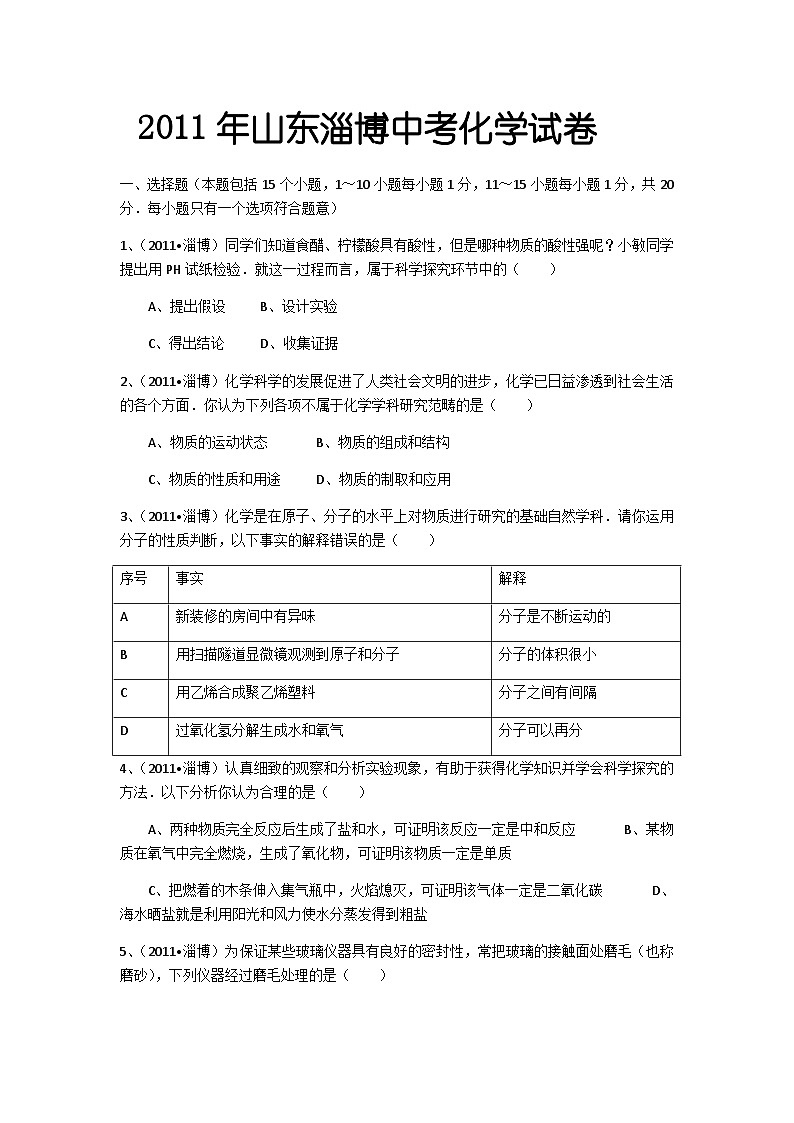 2011年淄博市化学中考试题及答案解析01