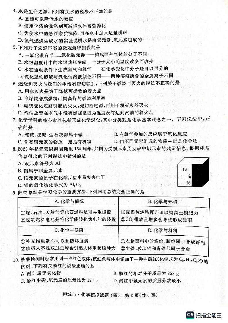 2023年山东省聊城市初中学生学业水平考试化学模拟试题(四)第2页
