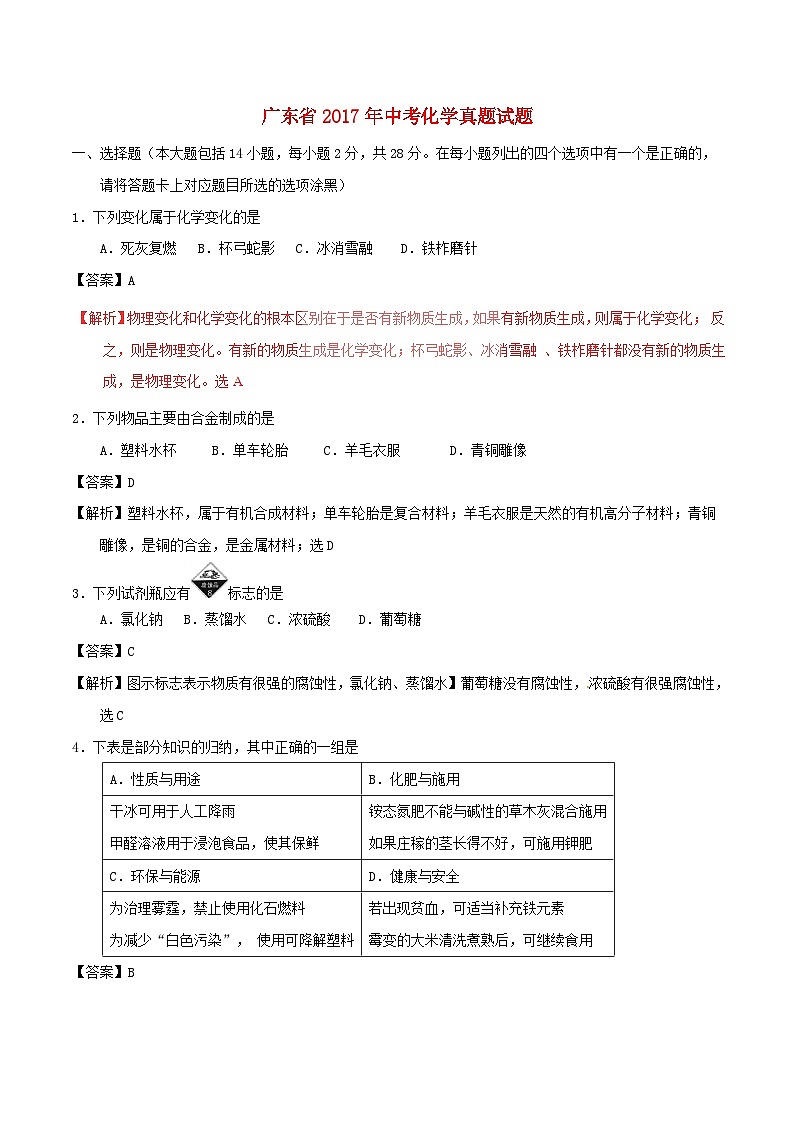 广东省2017年中考化学真题试题（含解析）第1页