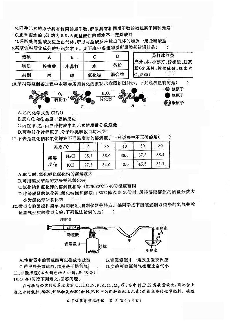 安徽合肥瑶海区2023届九年级中考二模化学试卷+答案第2页