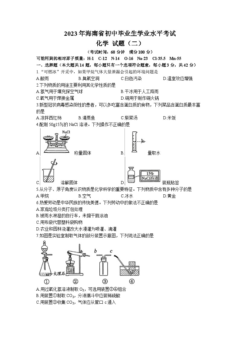 2023年海南省省直辖县级行政单位东方市港务中学中考三模化学试题(无答案)第1页