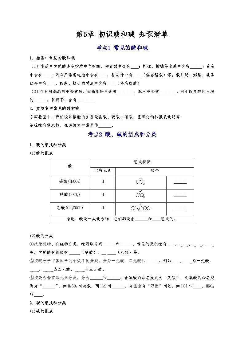 【期末复习】第5单元 初识酸和碱——初中化学九年级单元知识点梳理（沪教版·上海）01