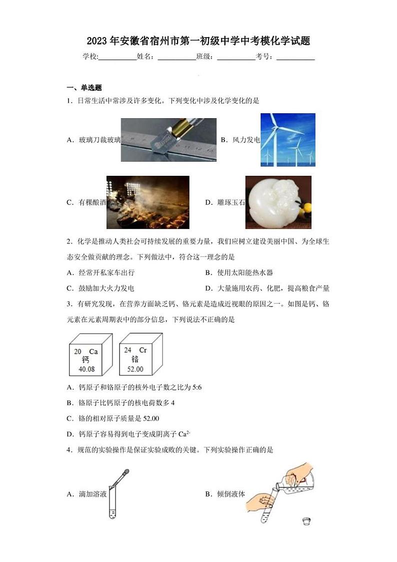 2023年安徽省宿州市第一初级中学中考模化学试题第1页