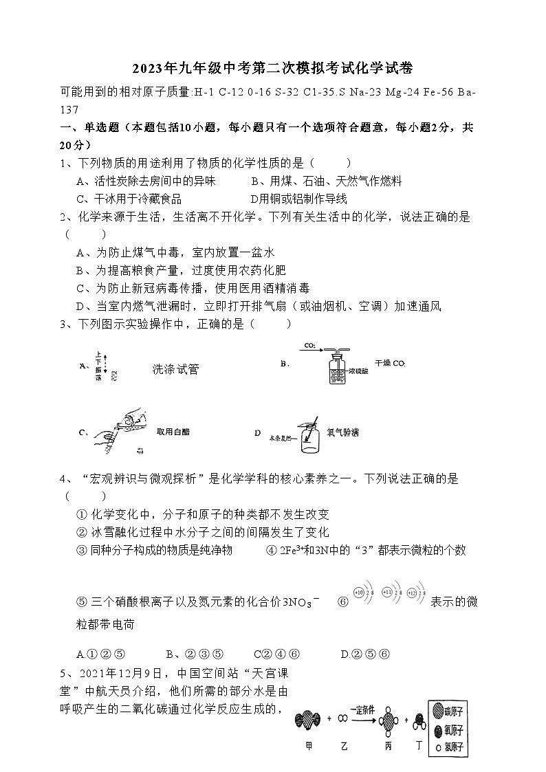 2023年湖北省咸宁市温泉中学中考第二次模拟考试化学试卷第1页