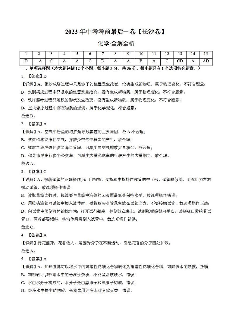 化学（长沙卷）2023年中考考前最后一卷（全解全析）第1页