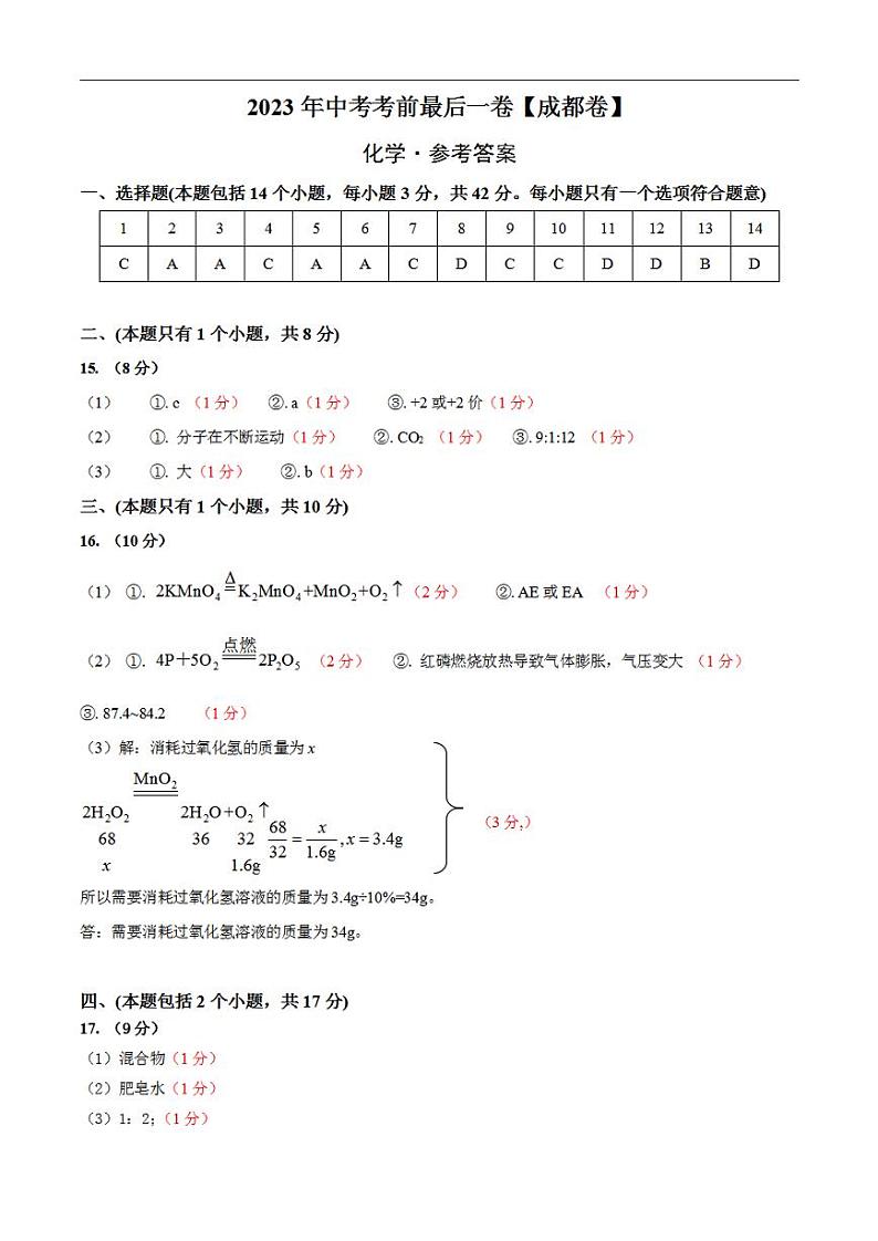 化学（四川成都卷）2023年中考考前最后一卷（参考答案）第1页