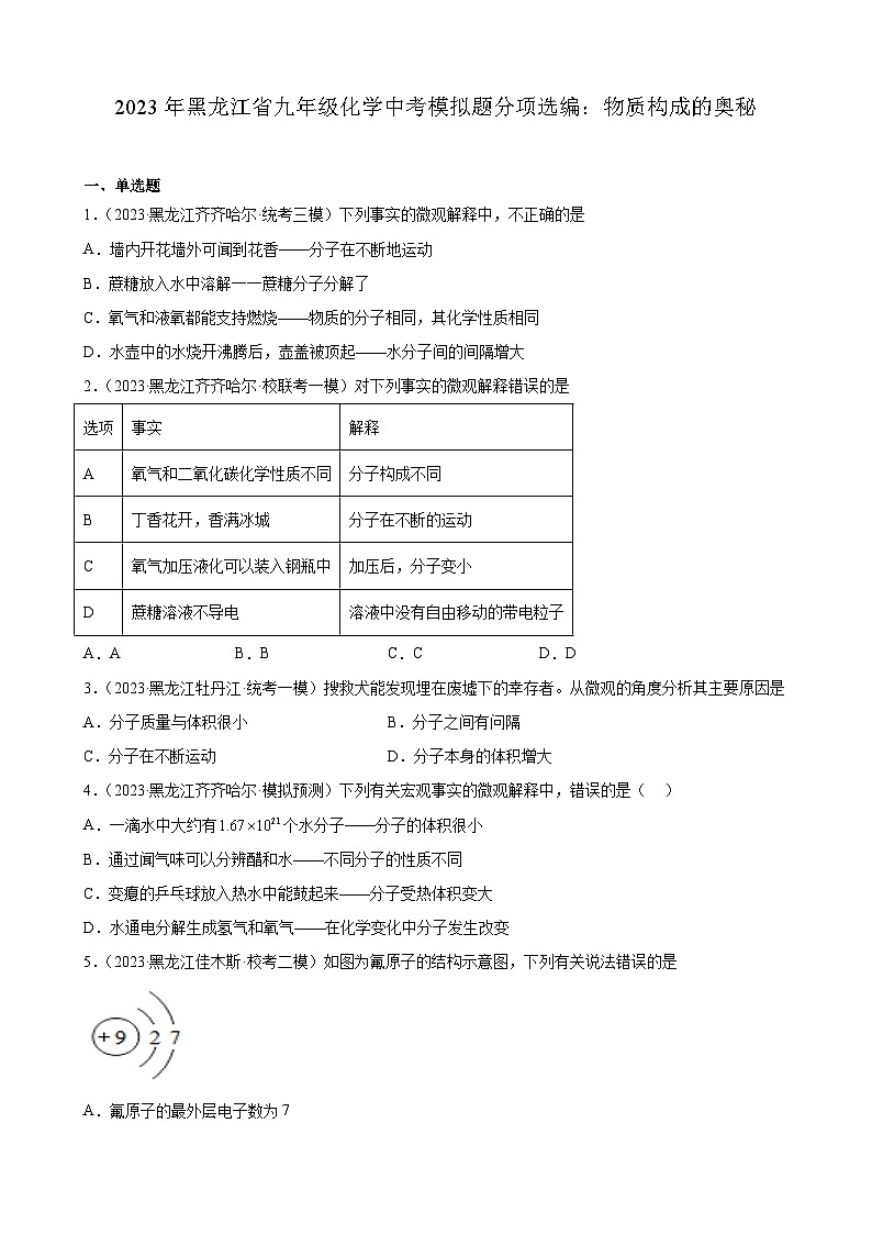 2023年黑龙江省九年级化学中考模拟题分项选编：物质构成的奥秘第1页