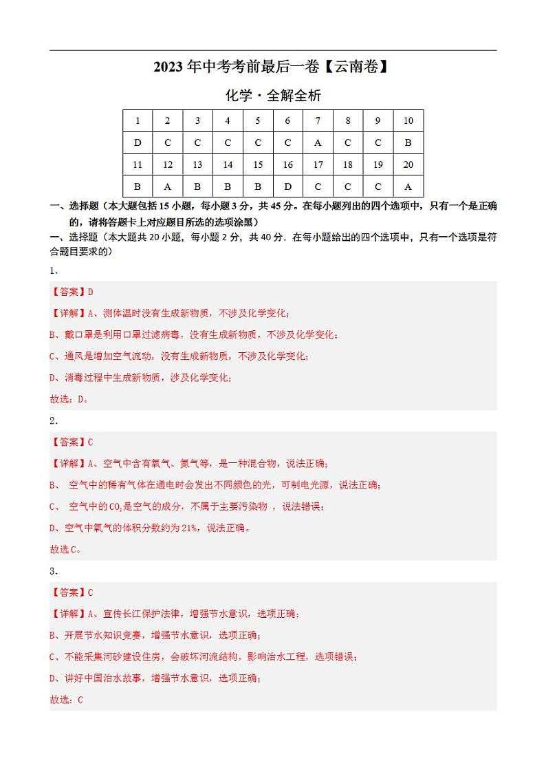 化学（云南卷）2023年中考考前最后一卷（全解全析）第1页