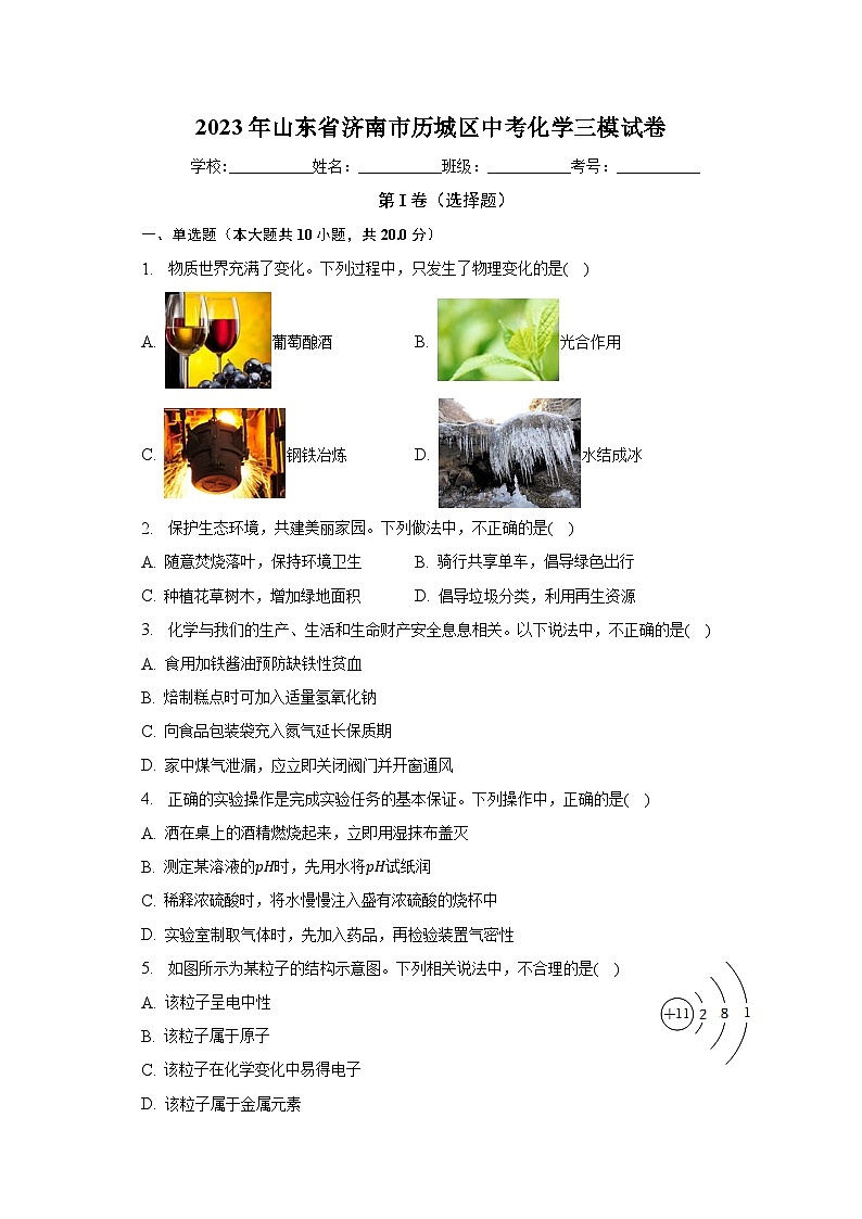 2023年山东省济南市历城区中考化学三模试卷（含解析）第1页