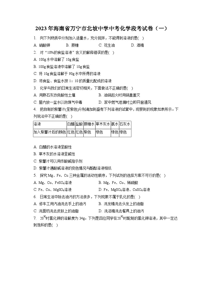 2023年海南省万宁市北坡中学中考化学段考试卷（一）（含解析）第1页