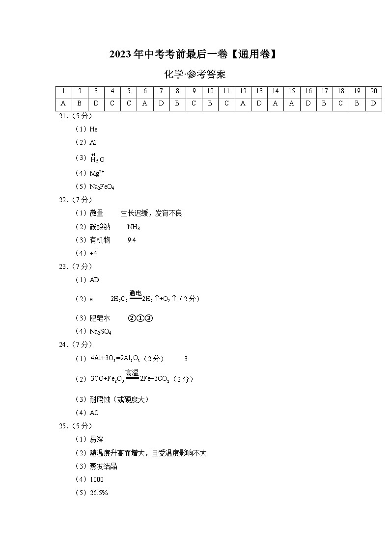 化学（通用卷）-【试题猜想】2023年中考考前最后一卷（参考答案）第1页