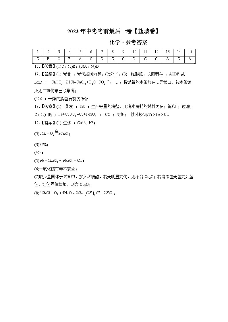 化学（盐城卷）（参考答案）第1页