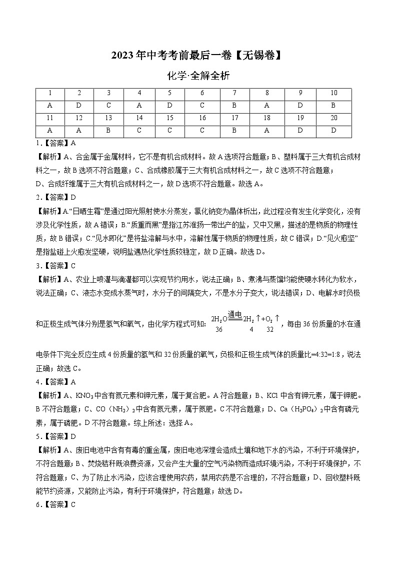 化学（无锡卷）-【试题猜想】2023年中考考前最后一卷（考试版+答题卡+全解全析+参考答案）01