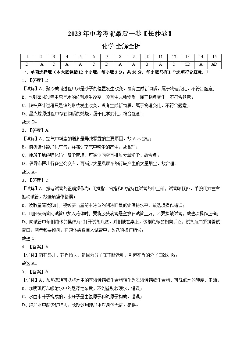 化学（长沙卷）-【试题猜想】2023年中考考前最后一卷（考试版+答题卡+全解全析+参考答案）01