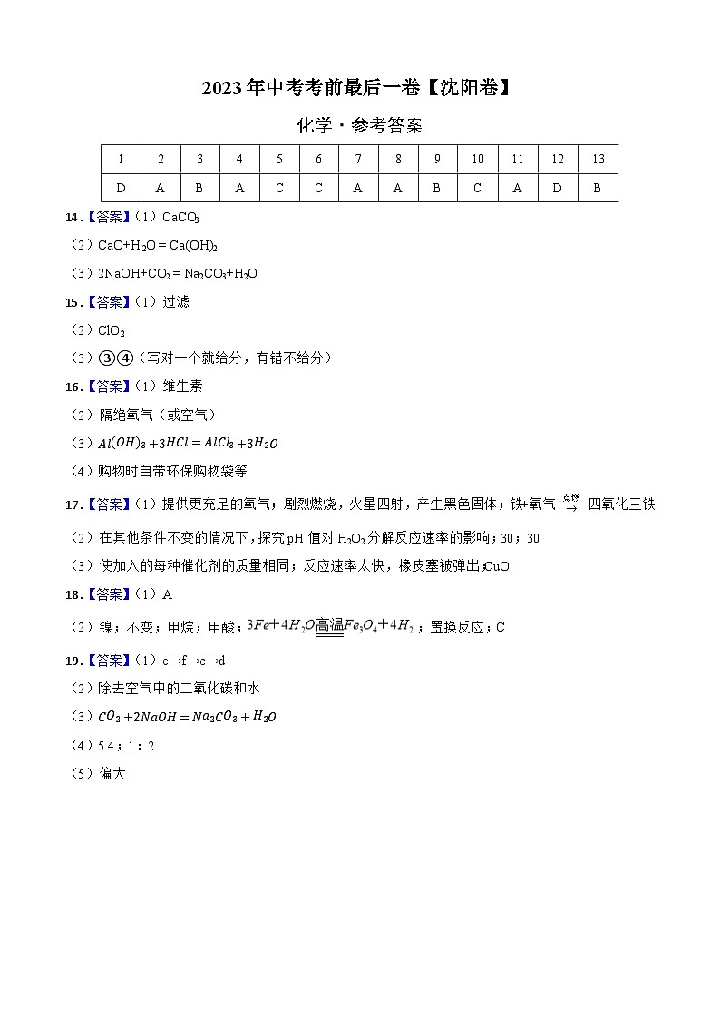 化学（沈阳卷）-【试题猜想】2023年中考考前最后一卷（考试版+答题卡+全解全析+参考答案）01