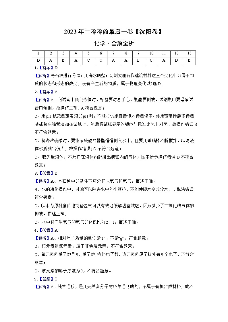 化学（沈阳卷）-【试题猜想】2023年中考考前最后一卷（考试版+答题卡+全解全析+参考答案）01
