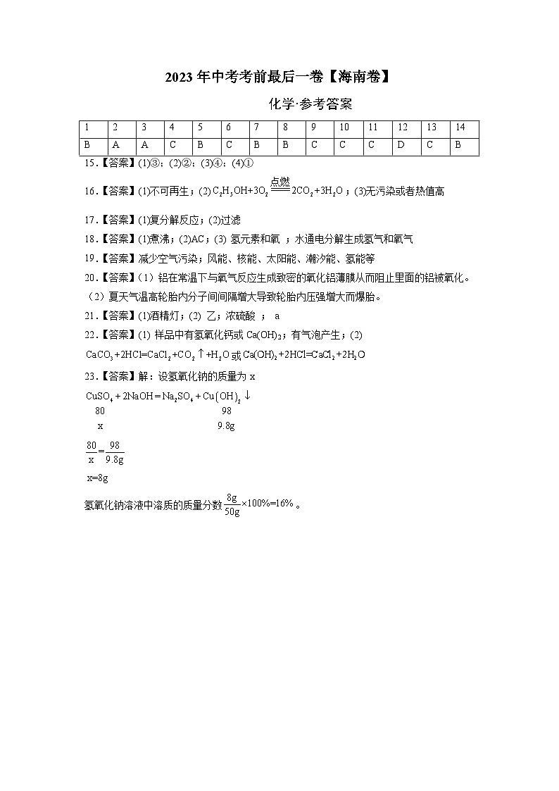 化学（海南卷）（参考答案）第1页