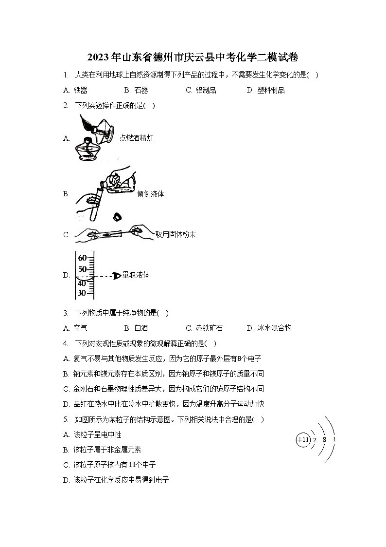 2023年山东省德州市庆云县中考化学二模试卷（含解析）01