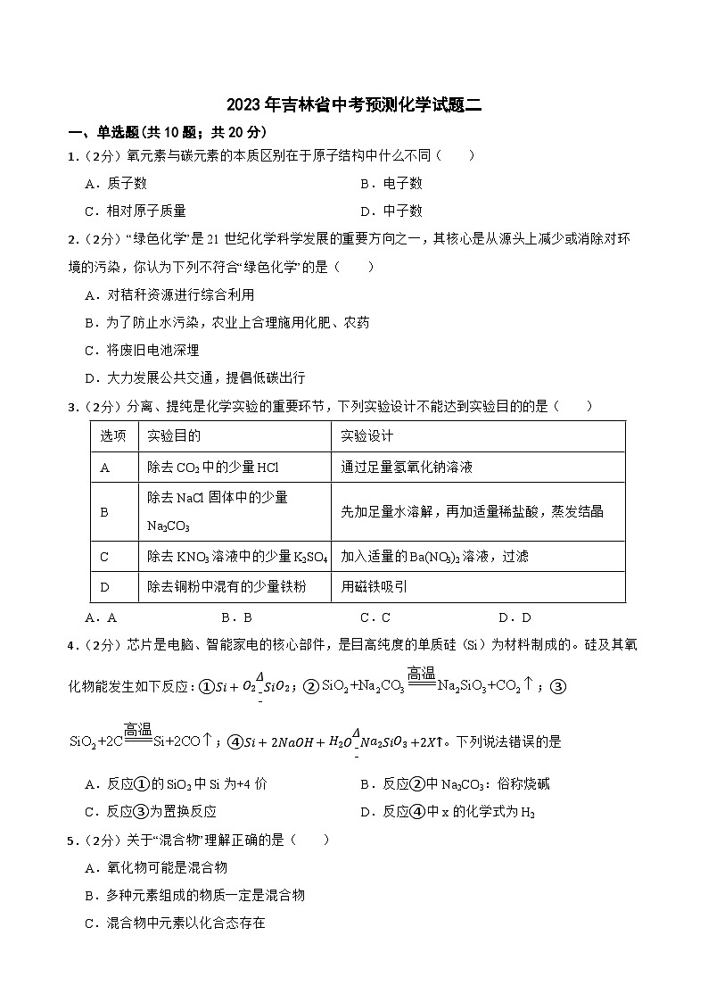 2023年吉林省中考预测化学试题二(含答案)第1页