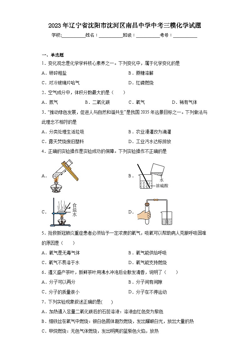 2023年辽宁省沈阳市沈河区南昌中学中考三模化学试题（含解析）01