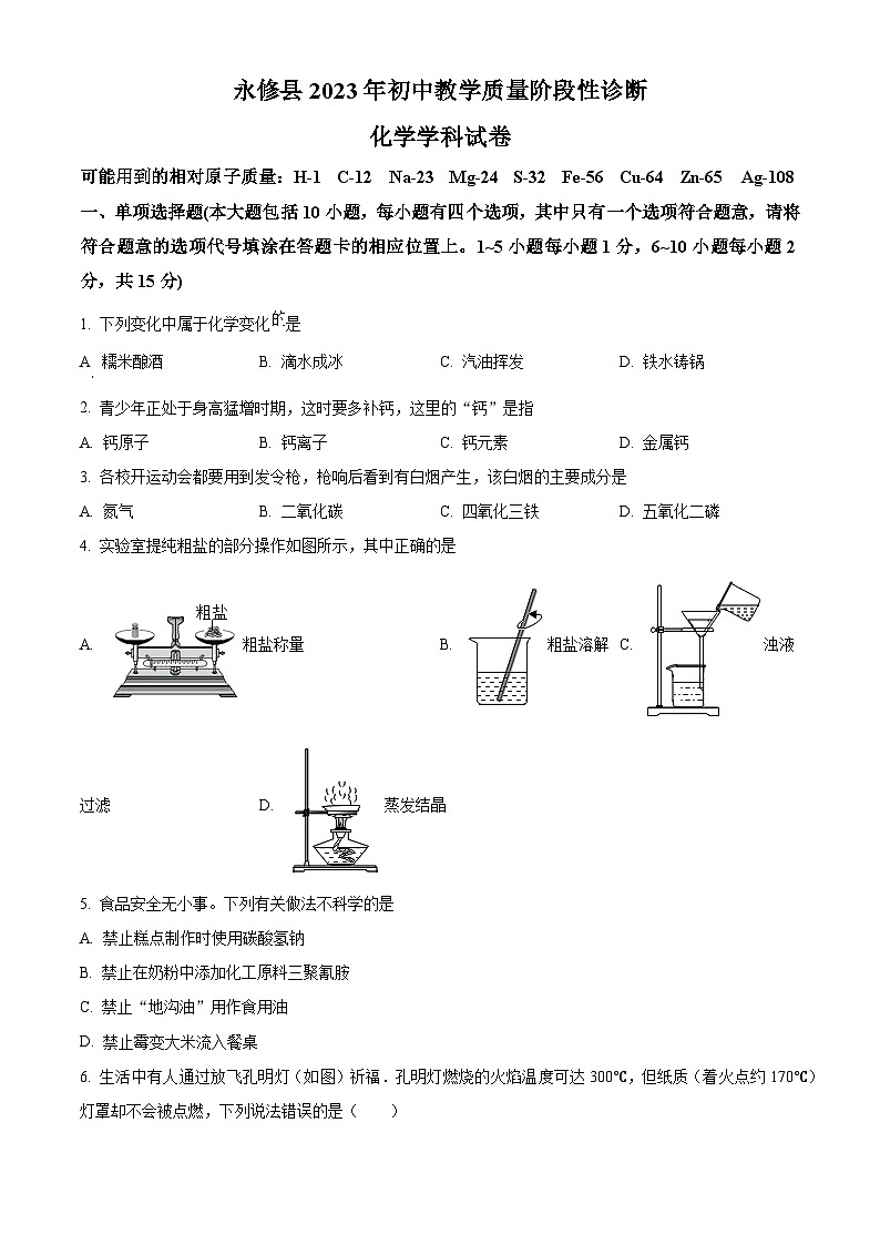 2023年江西省九江市永修县中考一模化学试题（解析版）01