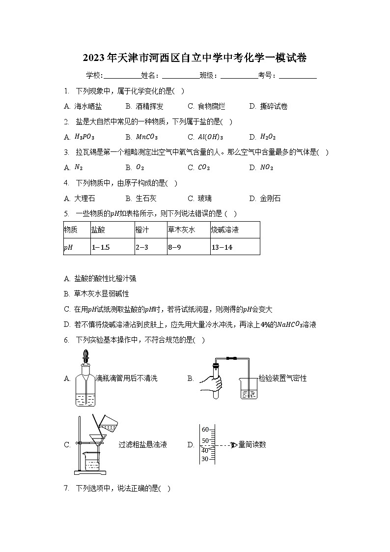 2023年天津市河西区自立中学中考化学一模试卷（含解析）01