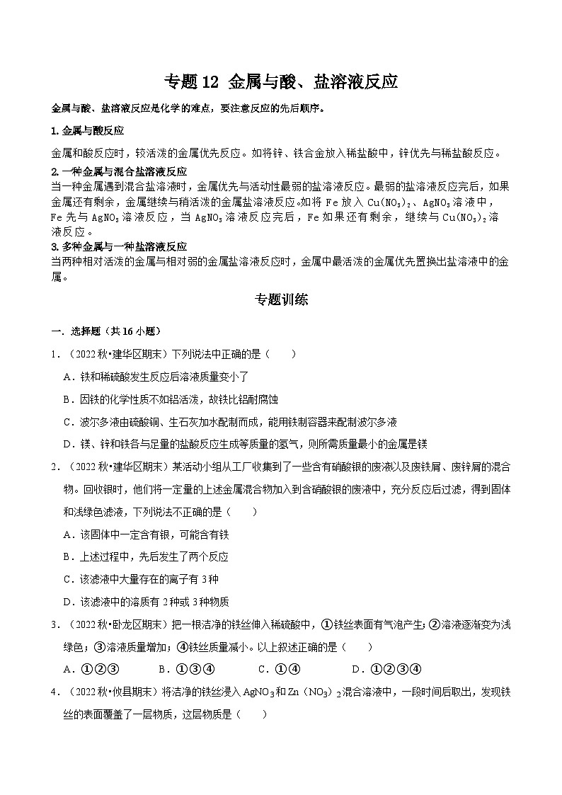 专题12 金属与酸、盐溶液反应 (原卷版)第1页
