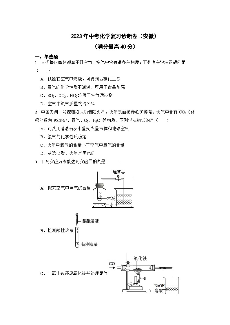 2023年安徽省中考化学复习诊断卷第1页