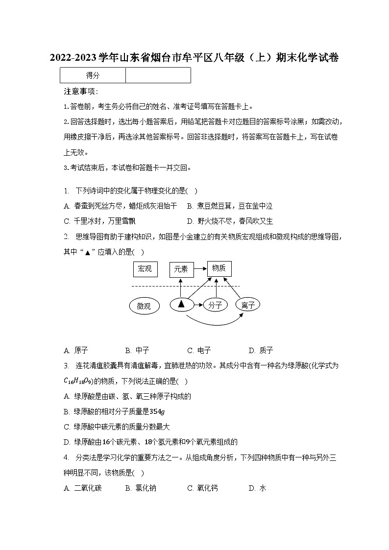 2022-2023学年山东省烟台市牟平区八年级（上）期末化学试卷（含解析）01