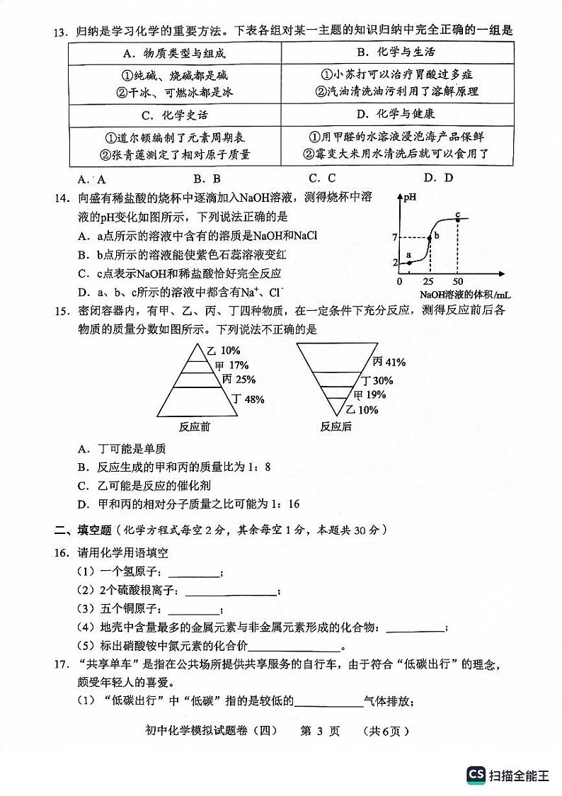 2023年湖南省常德市初中学业水平第四次模拟考试化学试卷第3页
