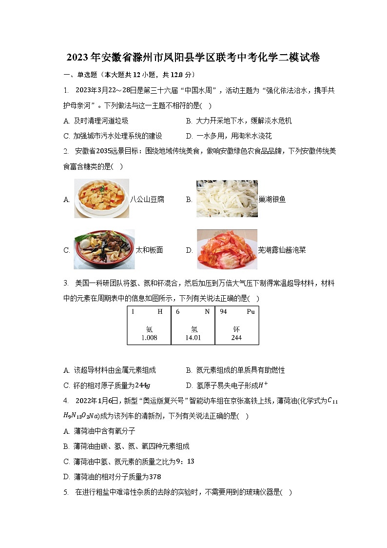 2023年安徽省滁州市凤阳县学区联考中考化学二模试卷第1页