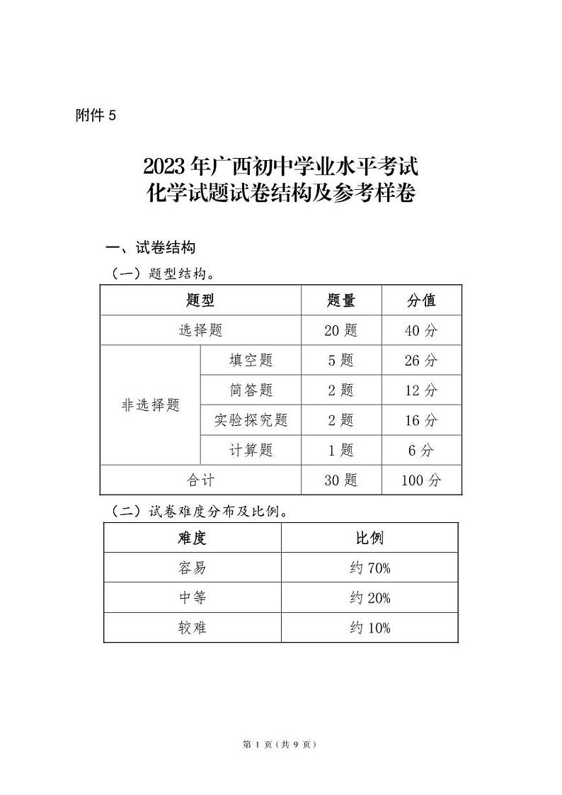 5.2023年广西初中学业水平考试化学试题试卷结构及参考样卷01