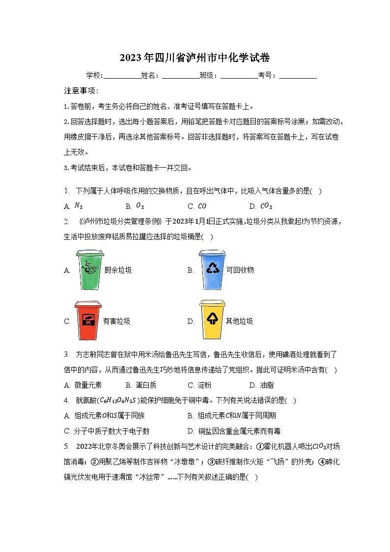 2023年四川省泸州市中化学试卷（含解析）第1页