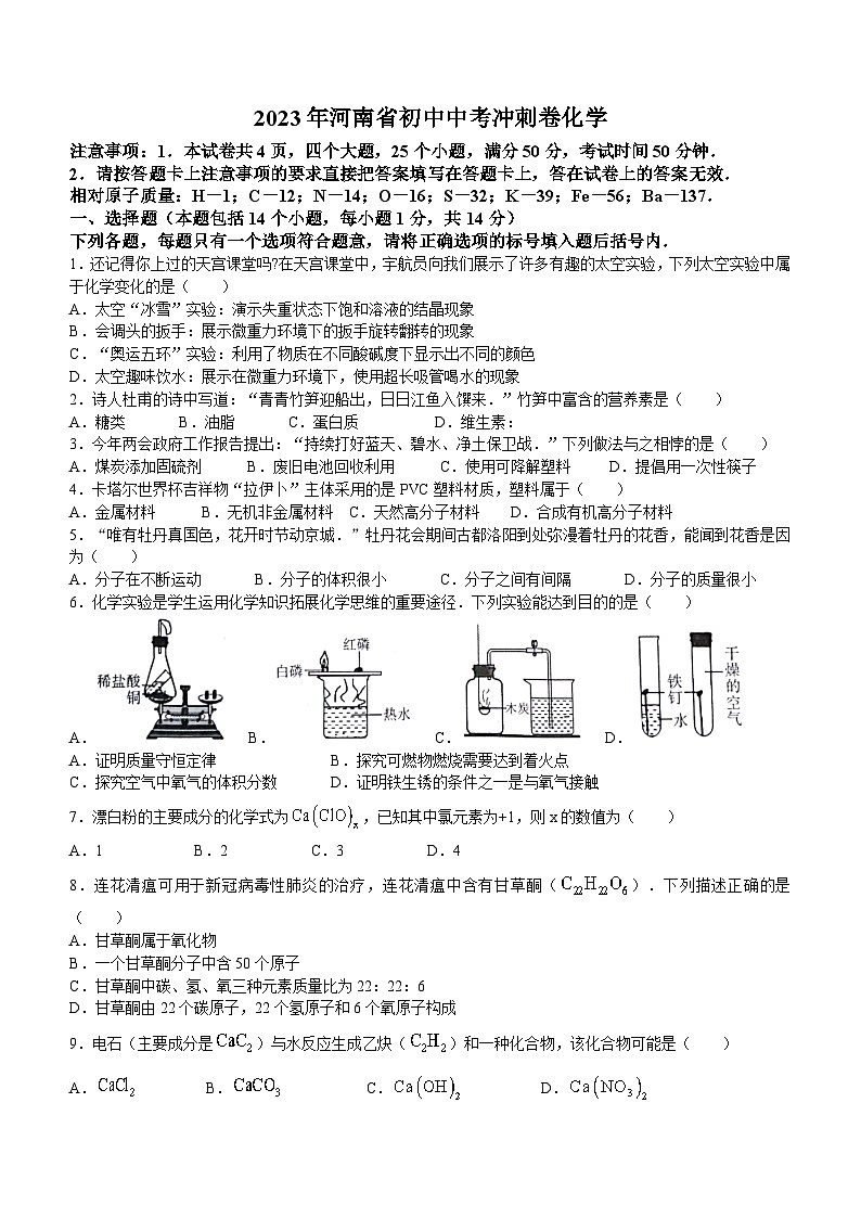 2023年河南省商丘市虞城县最后一次模拟化学试题及参考答案第1页