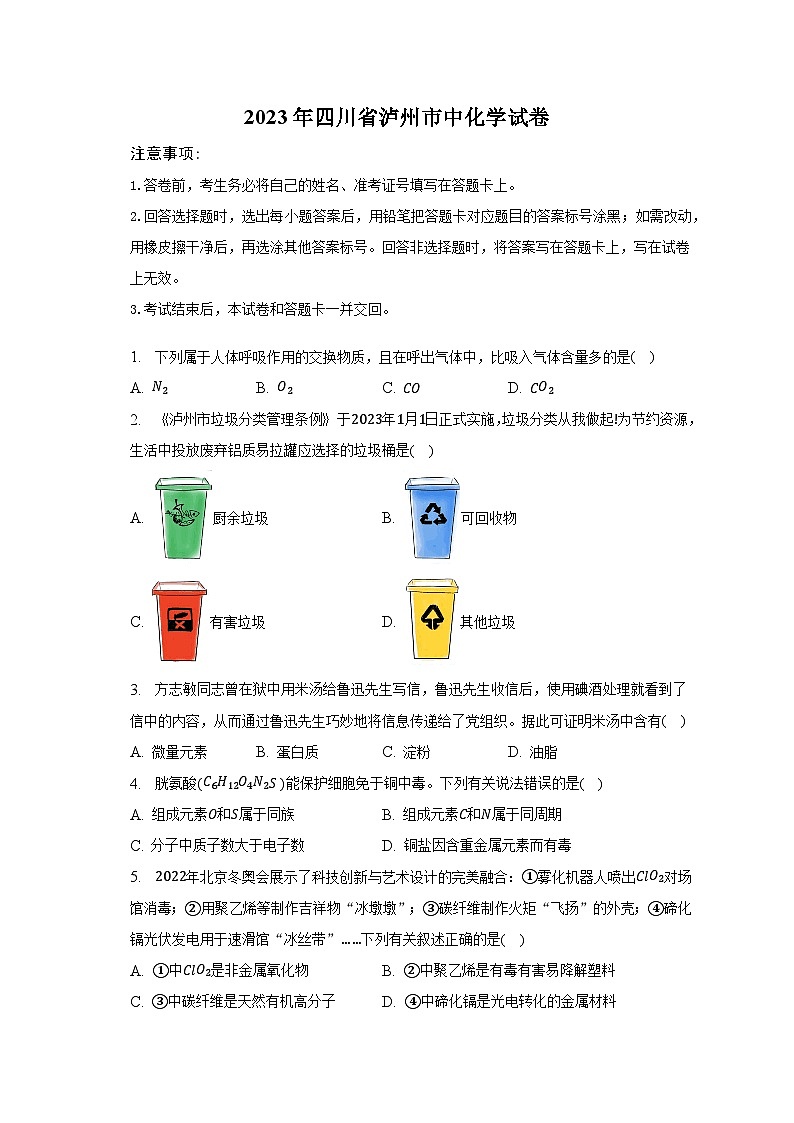 2023年四川省泸州市中化学试卷及答案解析01