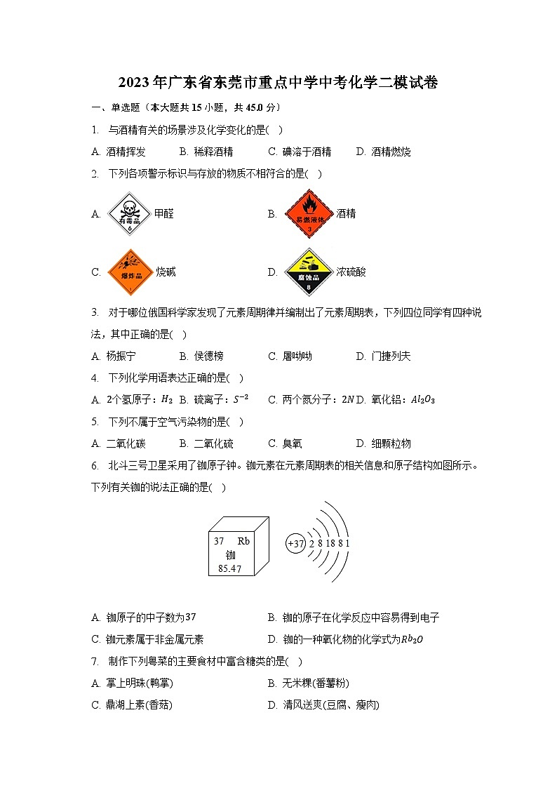 2023年广东省东莞市重点中学中考化学二模试卷第1页