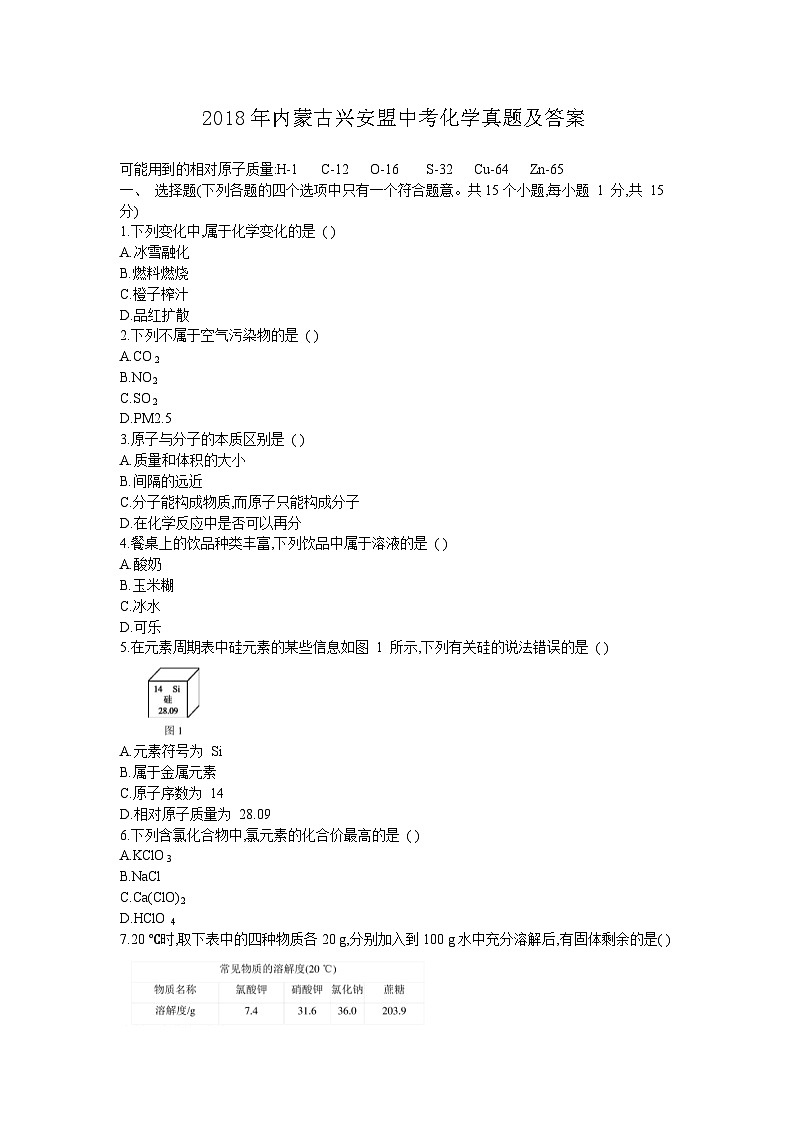 2018年内蒙古兴安盟中考化学真题及答案01