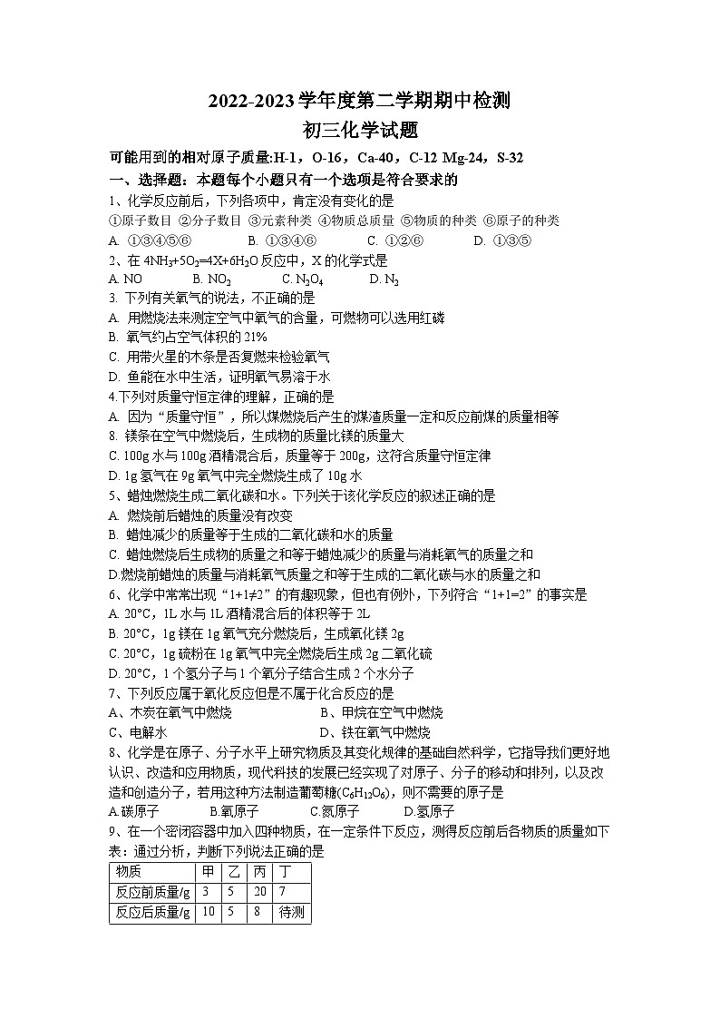 山东省威海市文登区重点学校联考2022-2023学年八年级下学期期中化学试题(无答案)第1页
