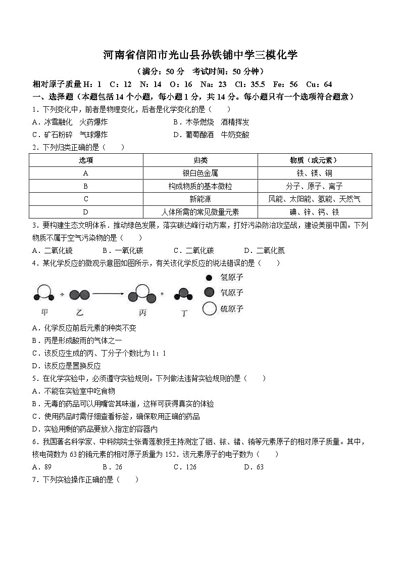 2023年河南省信阳市光山县孙铁铺镇中学中考三模化学试题(含答案)第1页