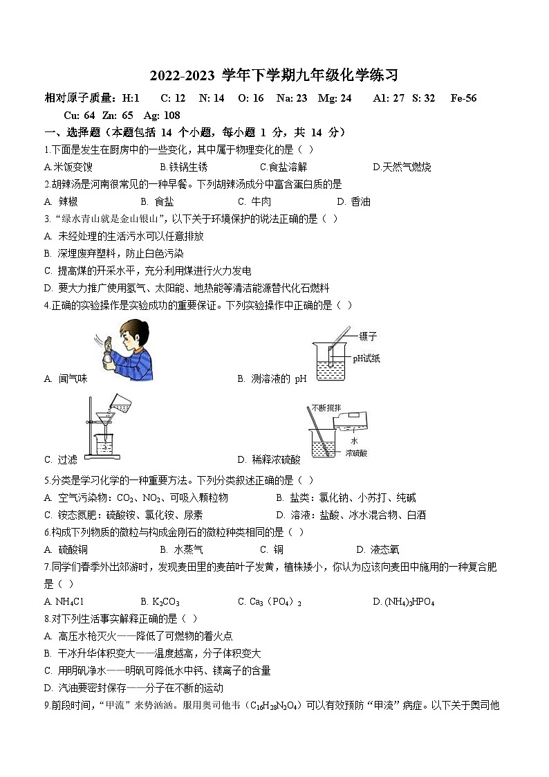 2023年河南省郑州市外国语中学中考二模化学试题(含答案)第1页