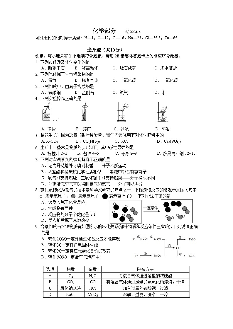 2023年吉林省长春市二道区中考一模化学试卷(含答案)01