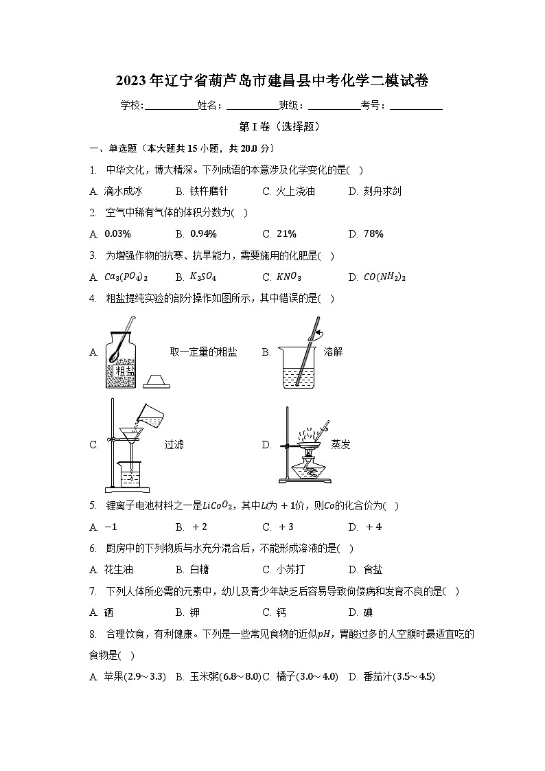 2023年辽宁省葫芦岛市建昌县中考化学二模试卷（含解析）01