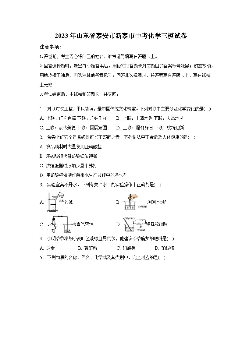 2023年山东省泰安市新泰市中考化学三模试卷（含解析）第1页