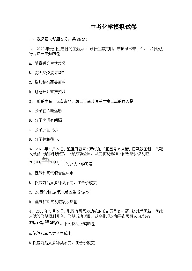 中考化学模拟试卷第1页