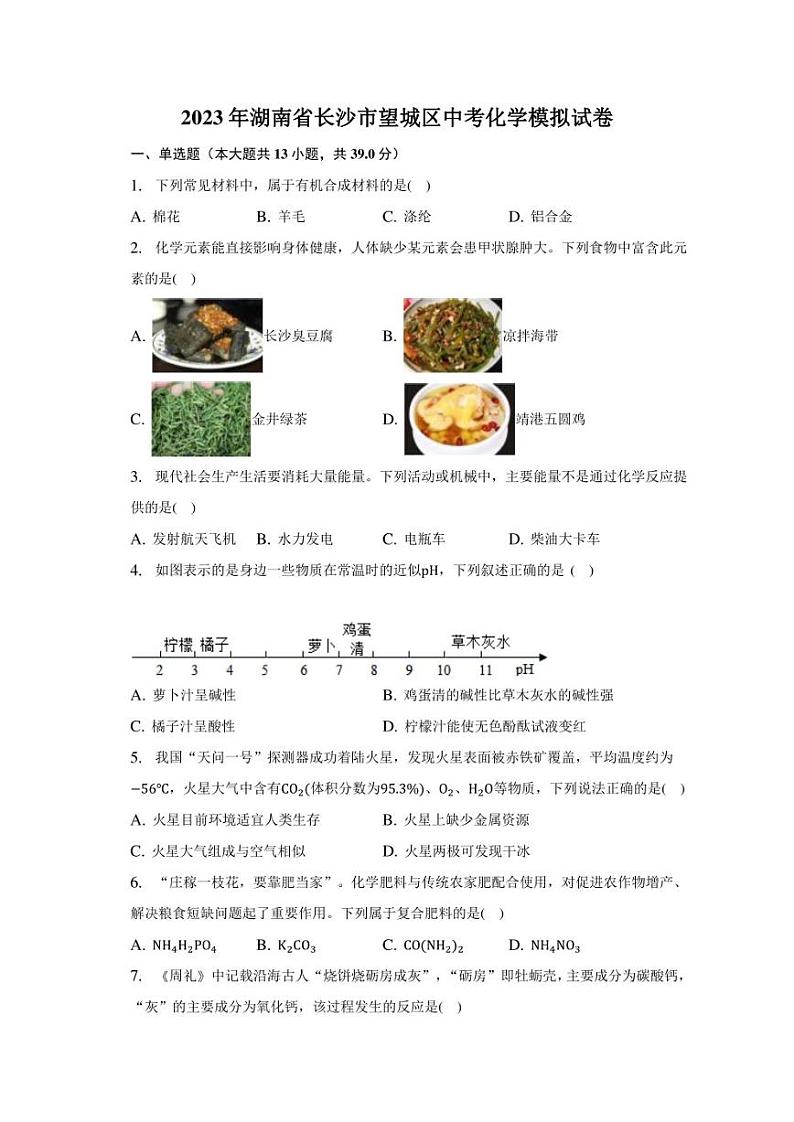 2023年湖南省长沙市望城区中考化学模拟试卷（含解析）第1页