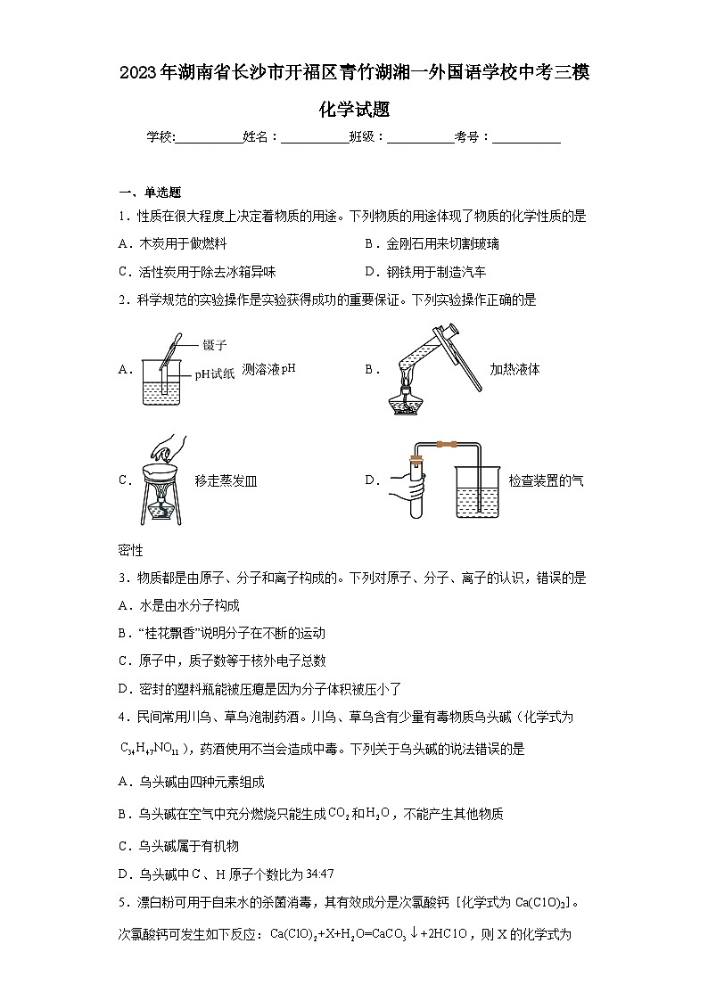 2023年湖南省长沙市开福区青竹湖湘一外国语学校中考三模化学试题（含答案）01