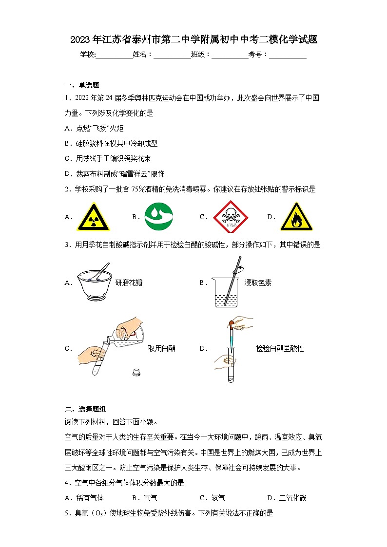 2023年江苏省泰州市第二中学附属初中中考二模化学试题（含解析）第1页