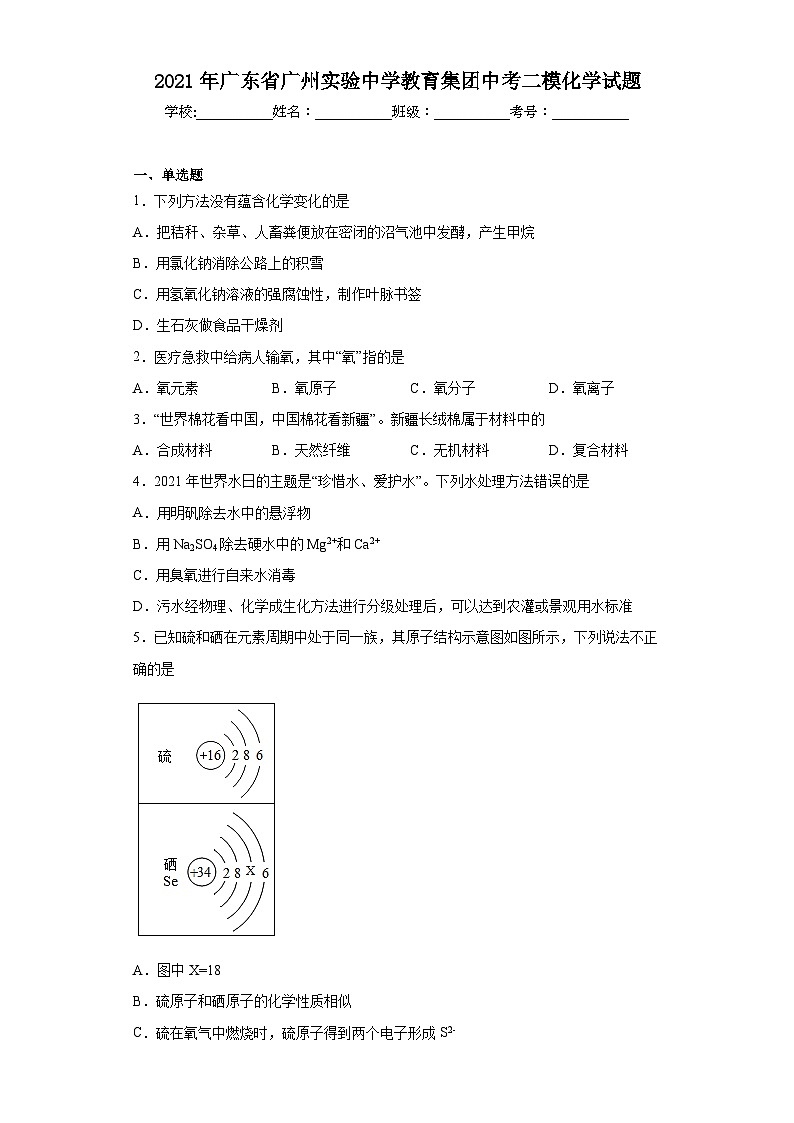 2021年广东省广州实验中学教育集团中考二模化学试题（含解析）第1页